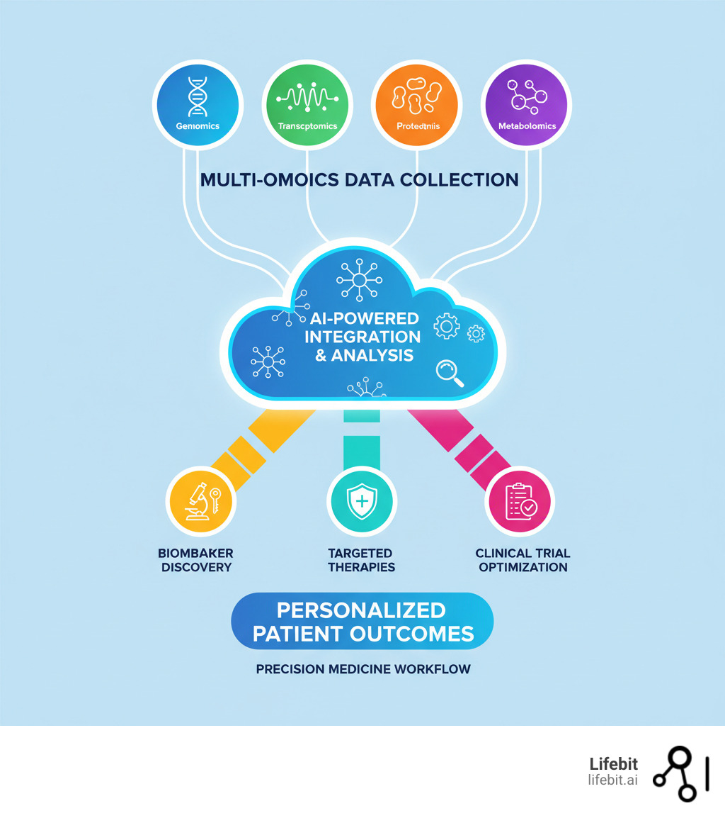 Infographic showing the workflow from multi-omics data collection (genomics, transcriptomics, proteomics, metabolomics) through AI-powered integration and analysis to personalized patient outcomes including biomarker discovery, targeted therapies, and clinical trial optimization - Integrating Multi-Modal & Genomic and Multi-Omics Data for Precision Medicine infographic 