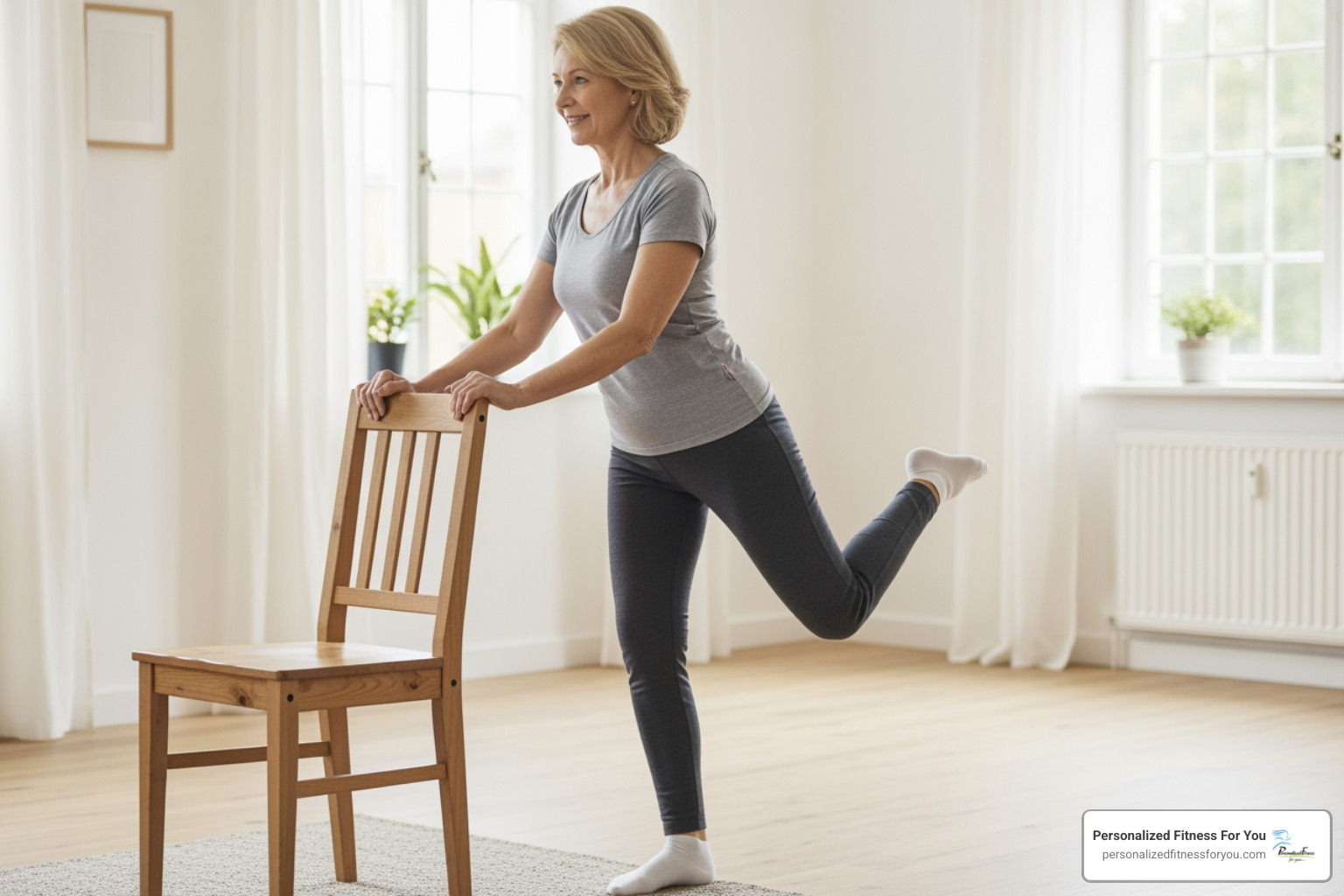woman performing a single-leg stand while holding onto a sturdy chair for support - workout routine for elderly woman performing a single-leg stand while holding onto a sturdy chair for support - workout routine for elderly