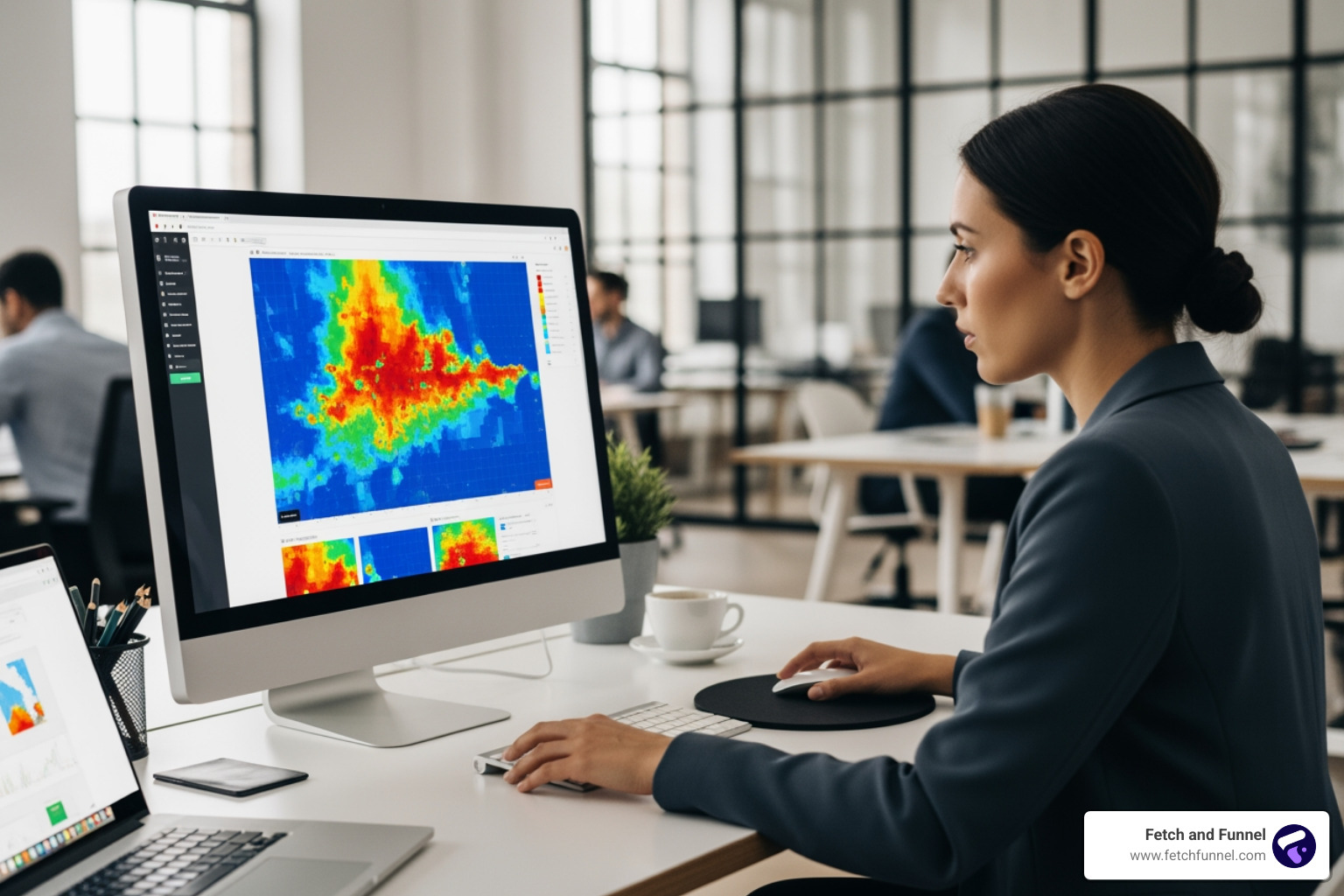 CRO specialist analyzing heatmaps on a computer screen - Conversion Rate Optimization Services CRO specialist analyzing heatmaps on a computer screen - Conversion Rate Optimization Services