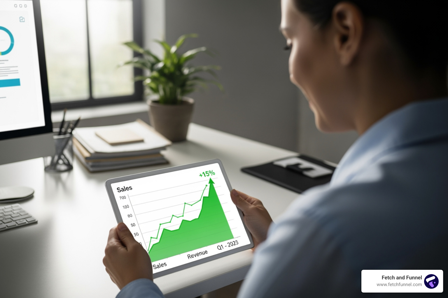 Business owner looking at a positive sales growth chart on a tablet - Conversion Rate Optimization Services Business owner looking at a positive sales growth chart on a tablet - Conversion Rate Optimization Services