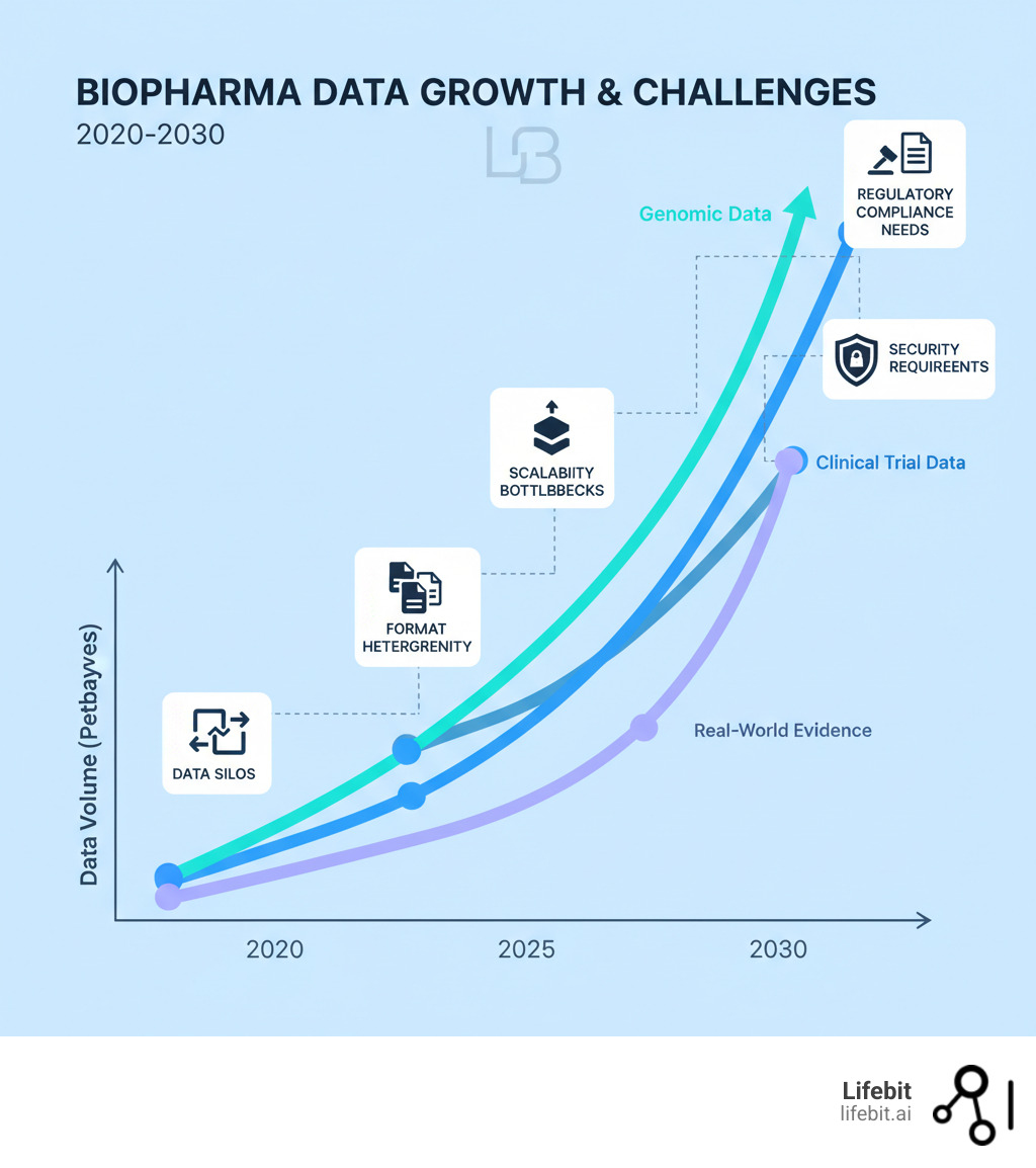 Infographic showing exponential growth curves for genomic data, clinical trial data, and real-world evidence from 2020-2030, with annotations for key challenges: data silos, format heterogeneity, scalability bottlenecks, security requirements, and regulatory compliance needs - What are the best biopharma data software solutions for large-scale research? infographic 