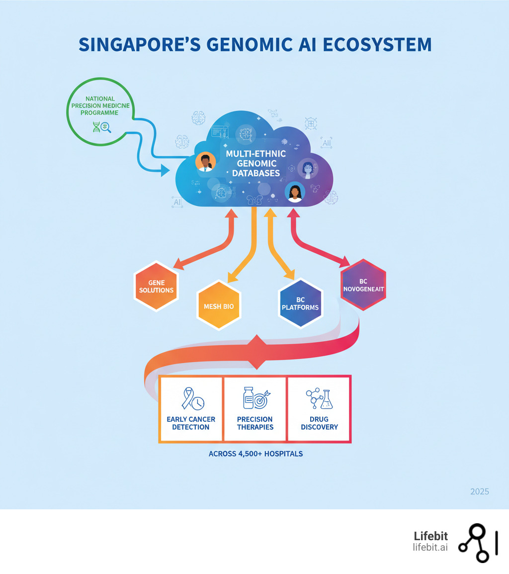 Infographic showing Singapore's genomic AI ecosystem: National Precision Medicine Programme flows to multi-ethnic genomic databases, connects to AI-powered analysis platforms including Gene Solutions, Mesh Bio, and NovogeneAIT, leading to clinical outcomes including early cancer detection, precision therapies, and drug discovery across 4,500+ hospitals - Find AI healthcare companies in Singapore that work with genomic data. infographic Infographic showing Singapore's genomic AI ecosystem: National Precision Medicine Programme flows to multi-ethnic genomic databases, connects to AI-powered analysis platforms including Gene Solutions, Mesh Bio, and NovogeneAIT, leading to clinical outcomes including early cancer detection, precision therapies, and drug discovery across 4,500+ hospitals - Find AI healthcare companies in Singapore that work with genomic data. infographic