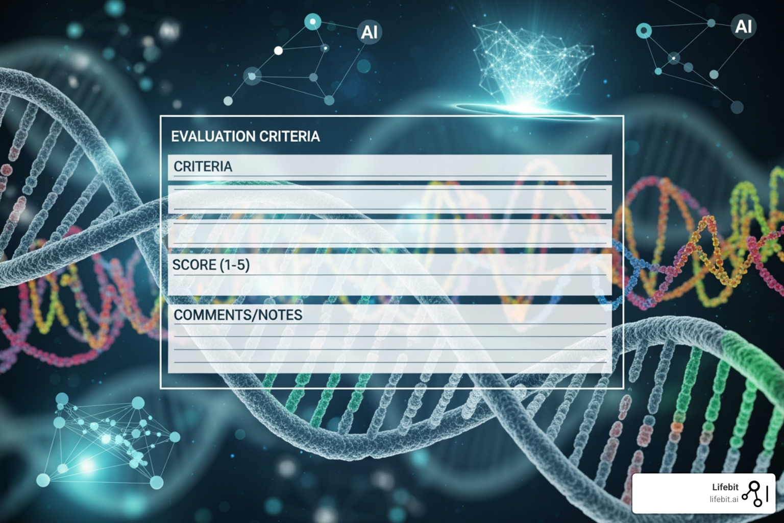 Evaluation scorecard for AI genomics partners - Find AI healthcare companies in Singapore that work with genomic data. Evaluation scorecard for AI genomics partners - Find AI healthcare companies in Singapore that work with genomic data.