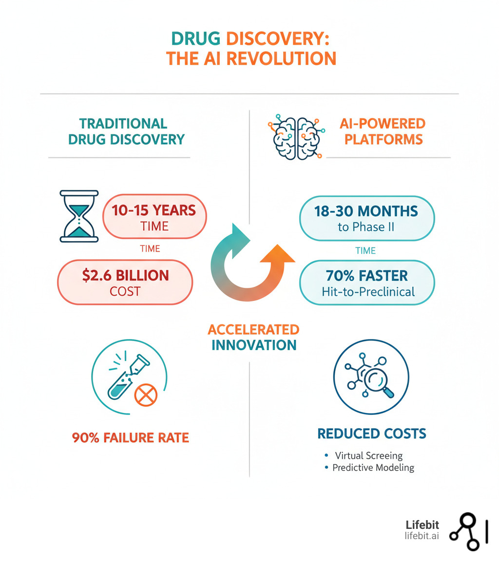 Infographic comparing traditional drug discovery (10-15 years, $2.6B cost, 90% failure rate) versus AI-powered platforms (18-30 months to Phase II, 70% faster hit-to-preclinical, reduced costs through virtual screening and predictive modeling) - What are the main platforms for AI in drug development? infographic 