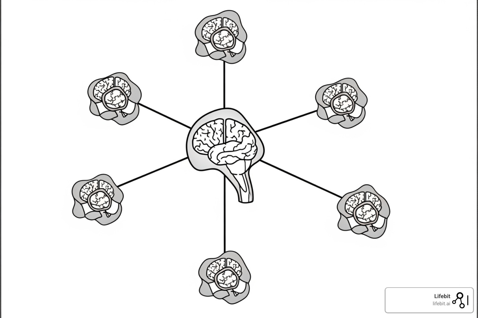 An image illustrating a federated data governance model, with a central "brain" representing the overarching governance body setting principles, and multiple interconnected "nodes" representing distributed data domains with local data stewards managing data within those principles. - Compare solutions for centralized vs decentralized data governance in clinical research.