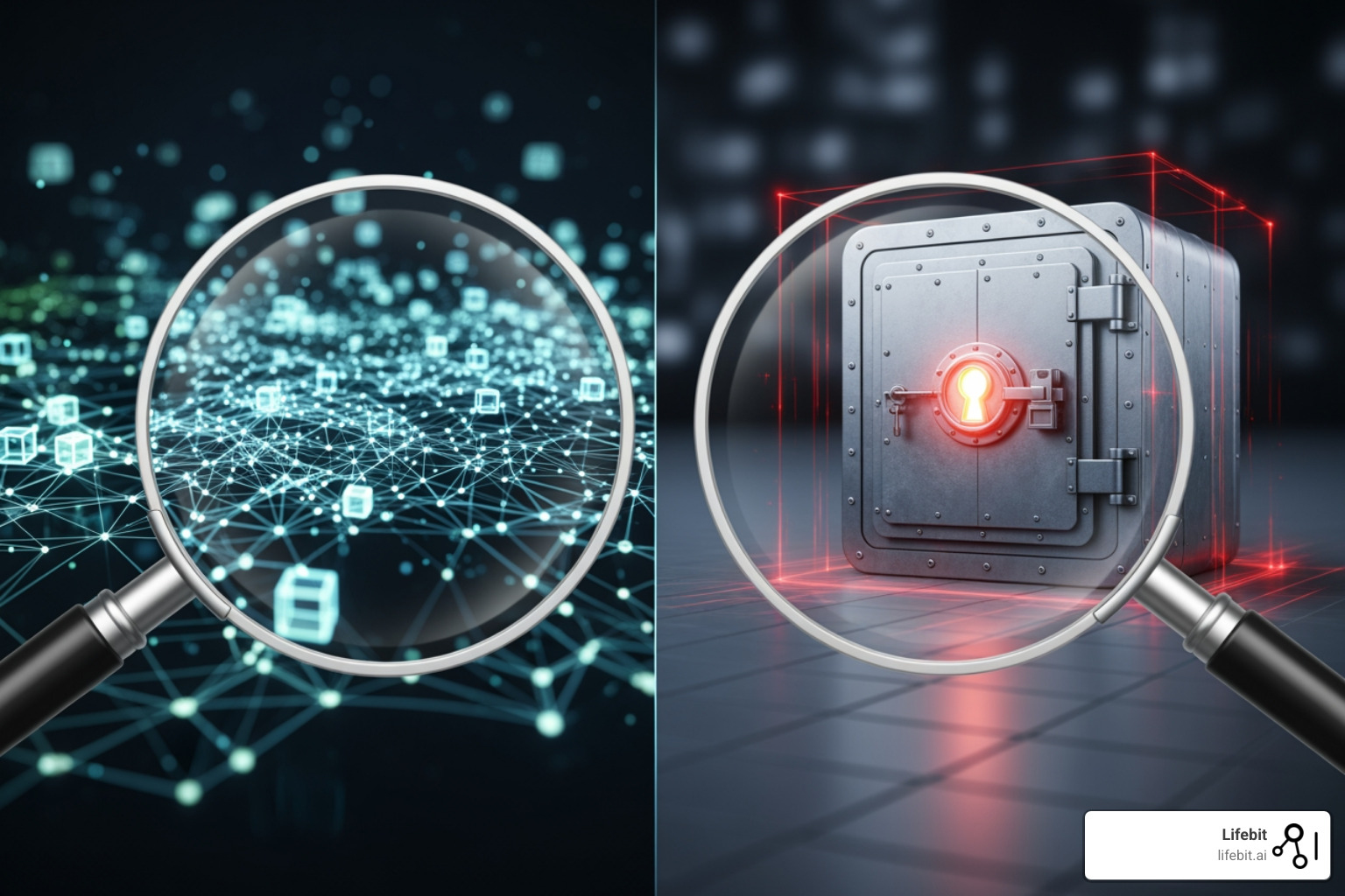 A magnifying glass hovering over a split screen, showing a complex, interconnected data network on one side (decentralized) and a single, secure data vault on the other (centralized), with arrows pointing to different metrics like security, quality, and cost. - Compare solutions for centralized vs decentralized data governance in clinical research.