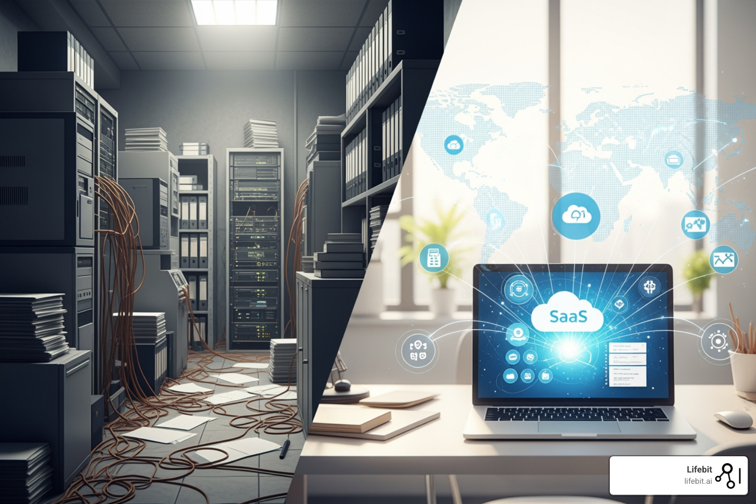 Image contrasting legacy on-premise workflow vs. modern SaaS platform - What are the best clinical research saas technology providers in the USA?