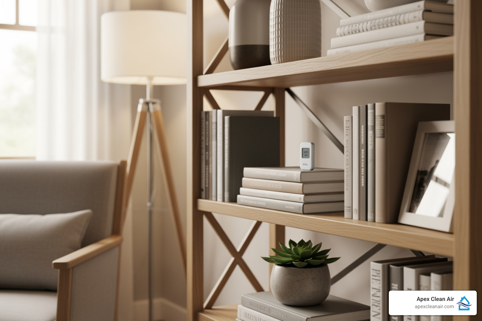 Remote temperature sensor placed discreetly on a bookshelf in a living room - best thermostat replacement Remote temperature sensor placed discreetly on a bookshelf in a living room - best thermostat replacement