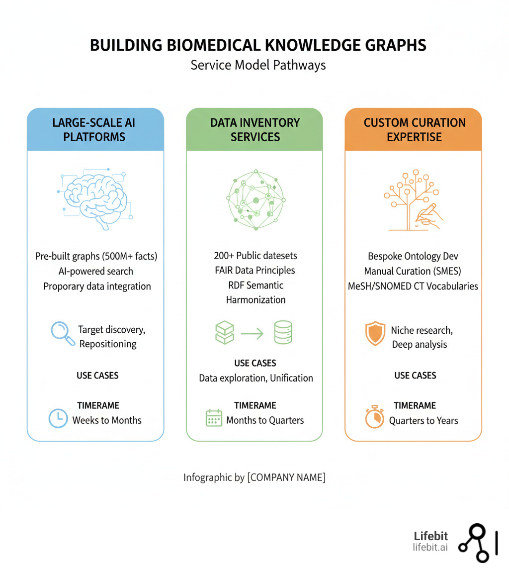 Infographic showing three service model pathways for building biomedical knowledge graphs: Large-Scale AI Platforms (featuring pre-built graphs with 500M+ facts, AI-powered search, and proprietary data integration), Data Inventory Services (showing 200+ public datasets, FAIR data principles, and semantic harmonization with RDF format), and Custom Curation Expertise (highlighting bespoke ontology development, manual curation by SMEs, and standardized vocabularies like MeSH and SNOMED CT). Each pathway shows typical use cases, timeframes, and example providers. - Which companies offer services for building a biomedical knowledge graph? infographic 