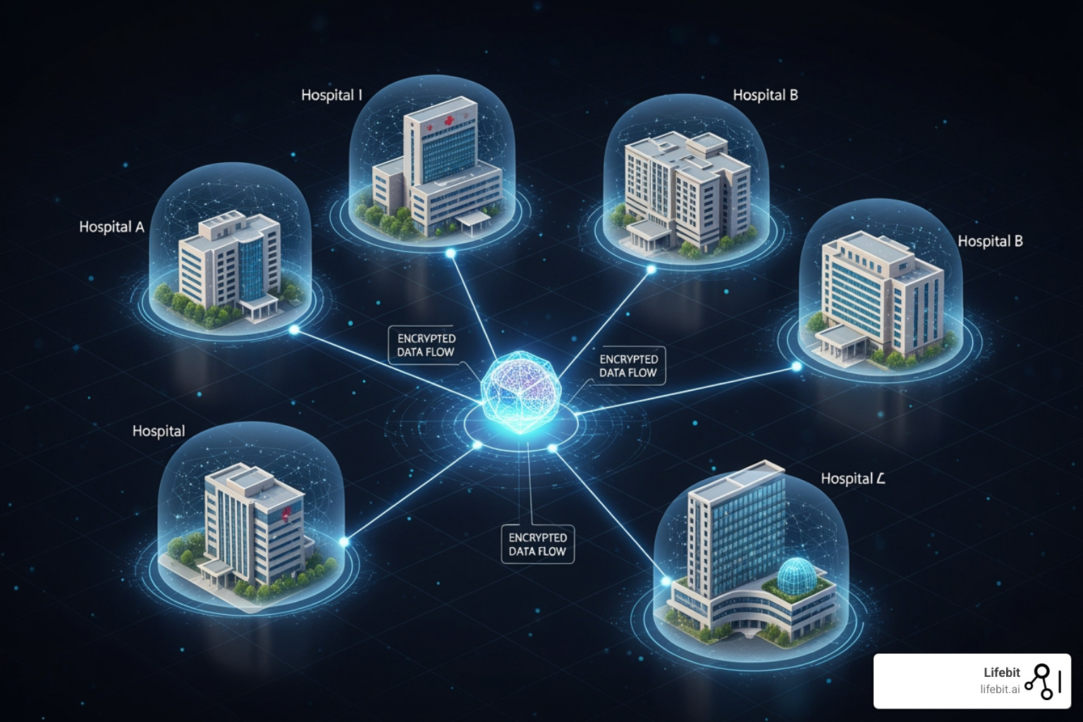 Network diagram illustrating a federated learning model connecting several hospitals without data leaving the premises - Can you recommend companies that offer AI-enabled data governance for biomedical research? Network diagram illustrating a federated learning model connecting several hospitals without data leaving the premises - Can you recommend companies that offer AI-enabled data governance for biomedical research?