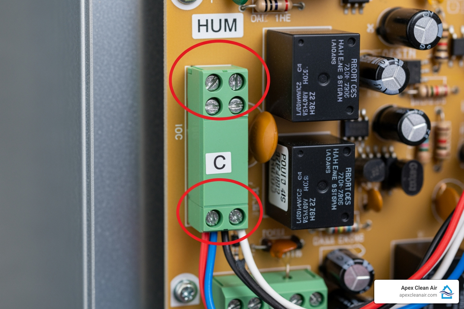 Furnace Control Board With Hum And C Terminals Clearly Circled - Humidifier Hook Up To Furnace Furnace control board with HUM and C terminals clearly circled - humidifier hook up to furnace