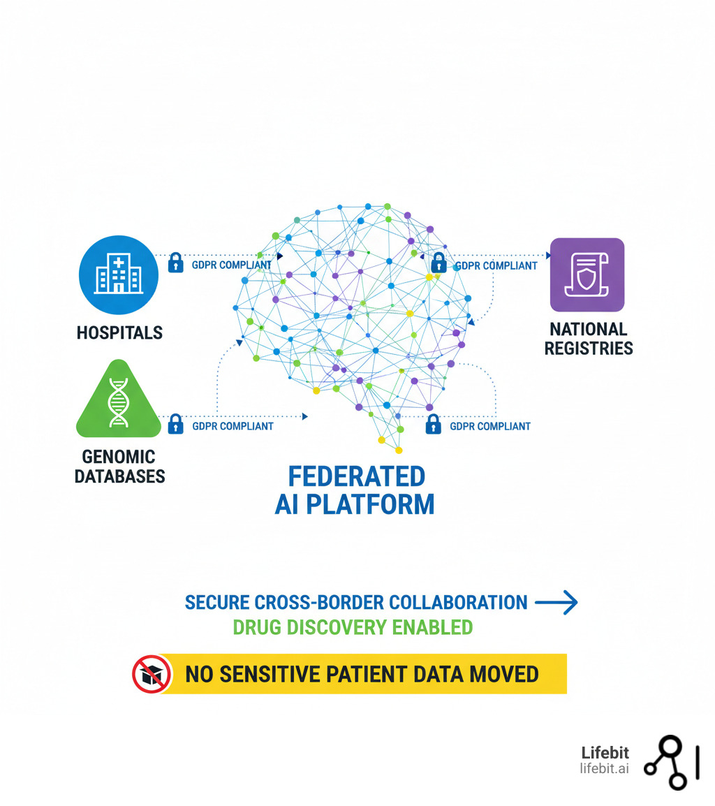 Infographic showing how federated AI platforms connect siloed European health data sources (hospitals, genomic databases, national registries) while maintaining GDPR compliance, enabling secure cross-border drug discovery collaboration without moving sensitive patient data - List the top AI drug discovery platforms available in Europe. infographic 