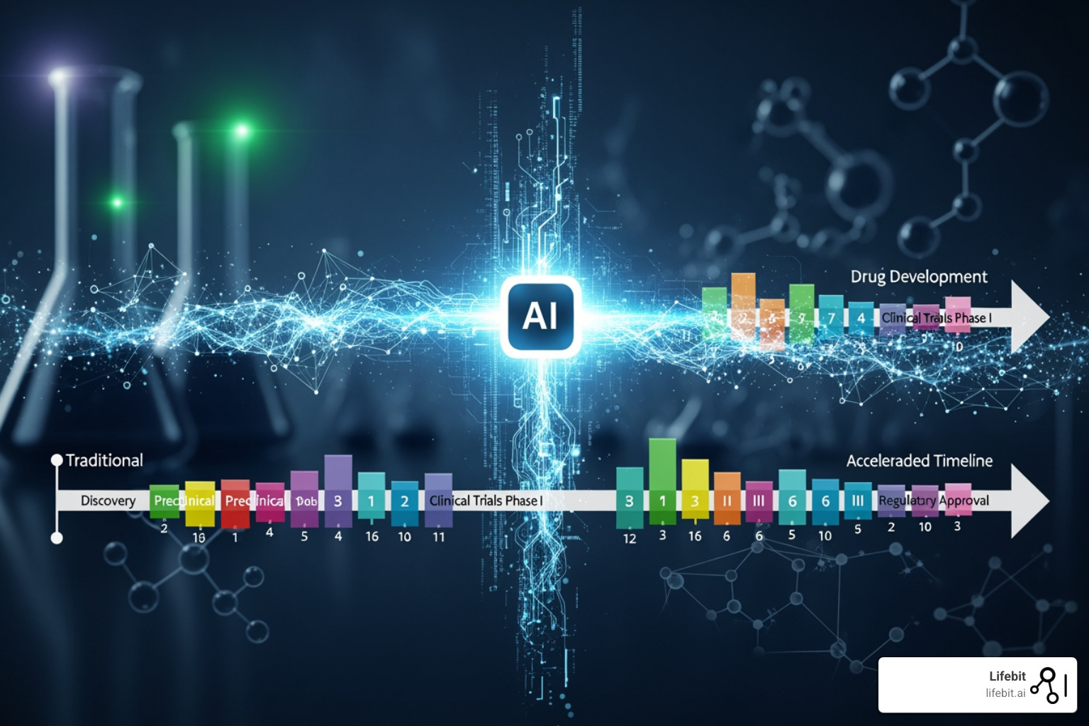 Chart showing reduced drug development timelines with AI - Find companies in New York that offer AI driven insights for pharmaceutical companies. Chart showing reduced drug development timelines with AI - Find companies in New York that offer AI driven insights for pharmaceutical companies.