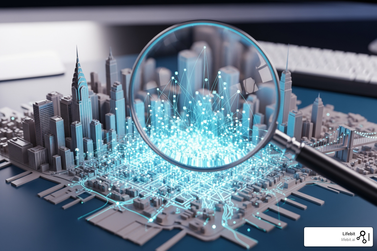 Magnifying glass over NYC highlighting data points - Find companies in New York that offer AI driven insights for pharmaceutical companies. Magnifying glass over NYC highlighting data points - Find companies in New York that offer AI driven insights for pharmaceutical companies.