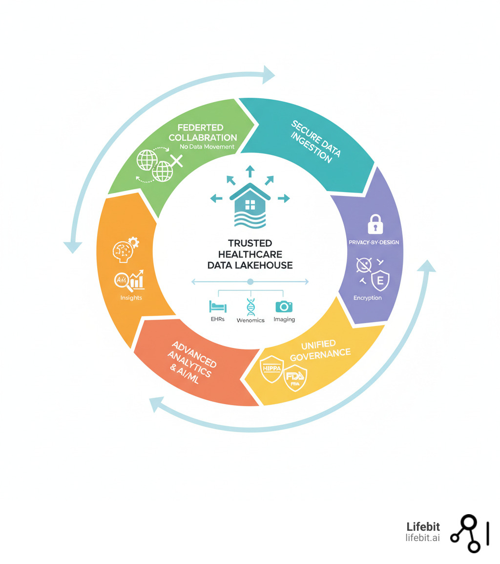 infographic showing the components of a trusted healthcare data lakehouse: secure data ingestion from multiple sources (EHRs, genomics, wearables, imaging), privacy-by-design architecture with encryption and de-identification, unified governance layer with HIPAA and FDA compliance, advanced analytics and AI/ML capabilities, and federated collaboration across organizations without data movement - I need to find a company that can help set up a secure Trusted Data Lakehouse for healthcare information. infographic 