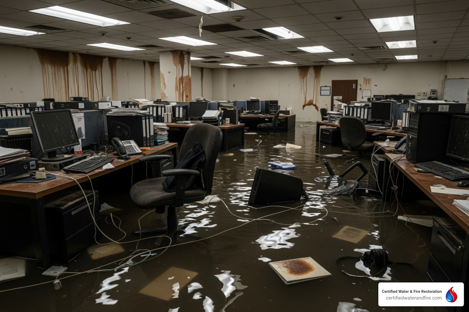 industrial fans and dehumidifiers drying out a room - House flood cleanup