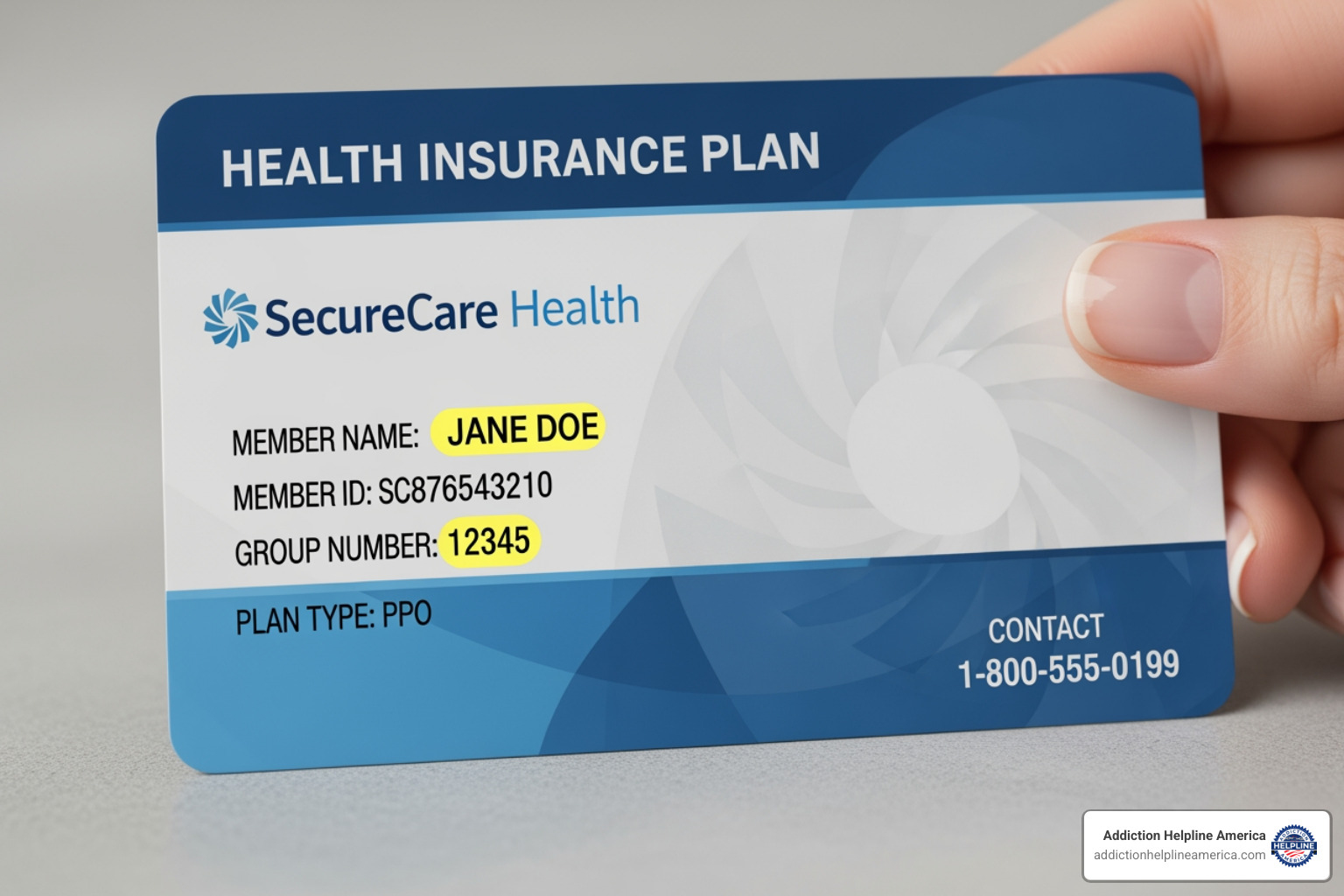 insurance card with highlighted Member ID, Group Number, and provider phone number - insurance verification for rehab insurance card with highlighted Member ID, Group Number, and provider phone number - insurance verification for rehab