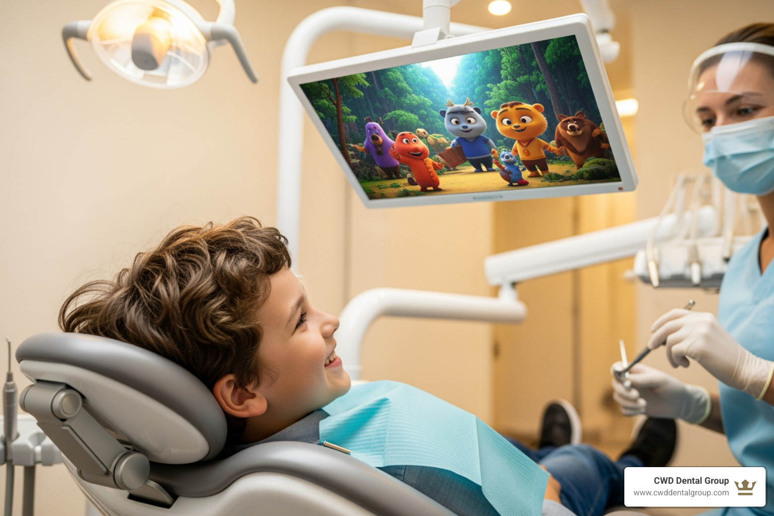 Image of a child watching a movie on a ceiling-mounted screen during a dental check-up, smiling. - pediatric dental specialists