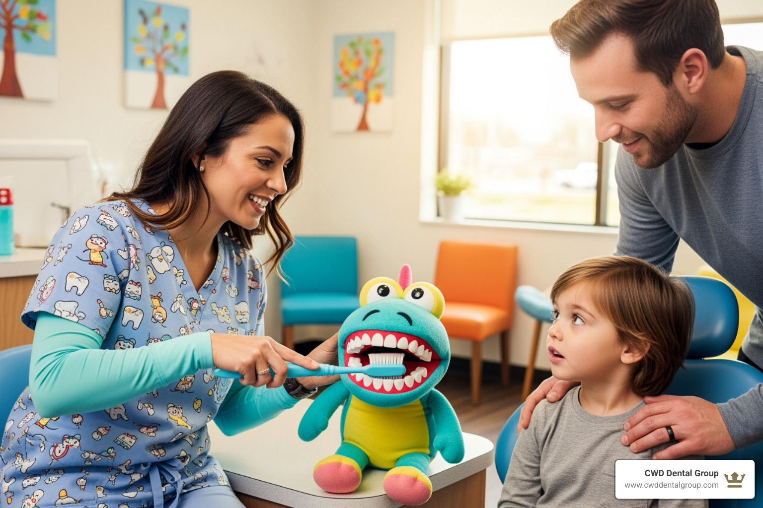 Image of a dentist demonstrating tooth brushing on a puppet to a young child and parent. - pediatric dental specialists