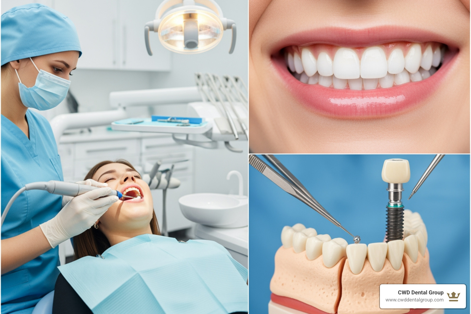 Collage of a patient getting teeth cleaned, a close-up of a bright white smile after whitening, and a dental implant being placed in a jawbone model - dental offices in tallahassee fl Collage of a patient getting teeth cleaned, a close-up of a bright white smile after whitening, and a dental implant being placed in a jawbone model - dental offices in tallahassee fl