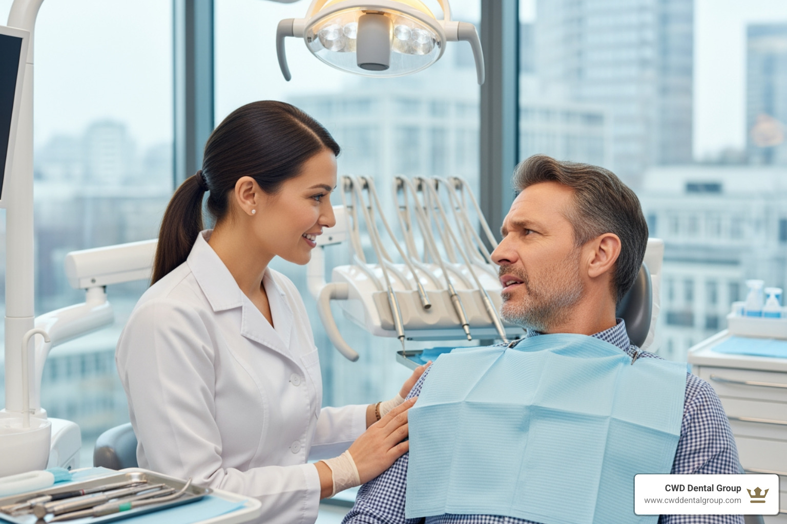 Dentist compassionately talking to a patient in pain - Dentist open Saturday Tallahassee Dentist compassionately talking to a patient in pain - Dentist open Saturday Tallahassee