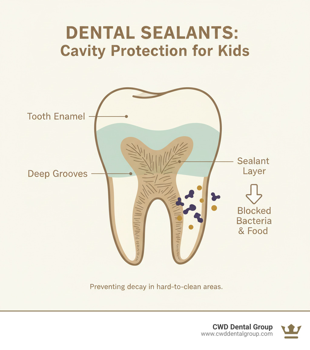 infographic showing a cross-section of a tooth with a sealant coating protecting the deep grooves from food particles and bacteria, with labels showing the tooth enamel, deep grooves, sealant layer, and blocked bacteria - dental sealants for kids infographic infographic showing a cross-section of a tooth with a sealant coating protecting the deep grooves from food particles and bacteria, with labels showing the tooth enamel, deep grooves, sealant layer, and blocked bacteria - dental sealants for kids infographic