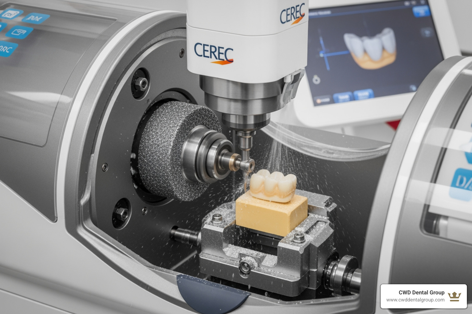 CEREC CAD/CAM machine milling a dental crown - Advanced dental technology
