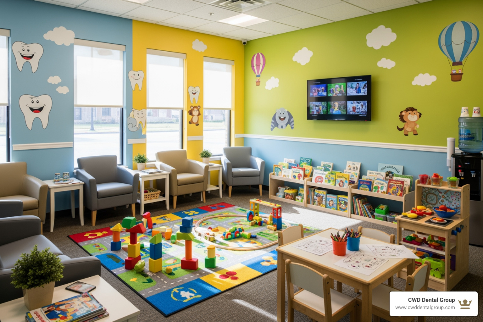 A colorful, kid-friendly dental waiting room with toys and bright decor - childrens dentist in tallahassee fl