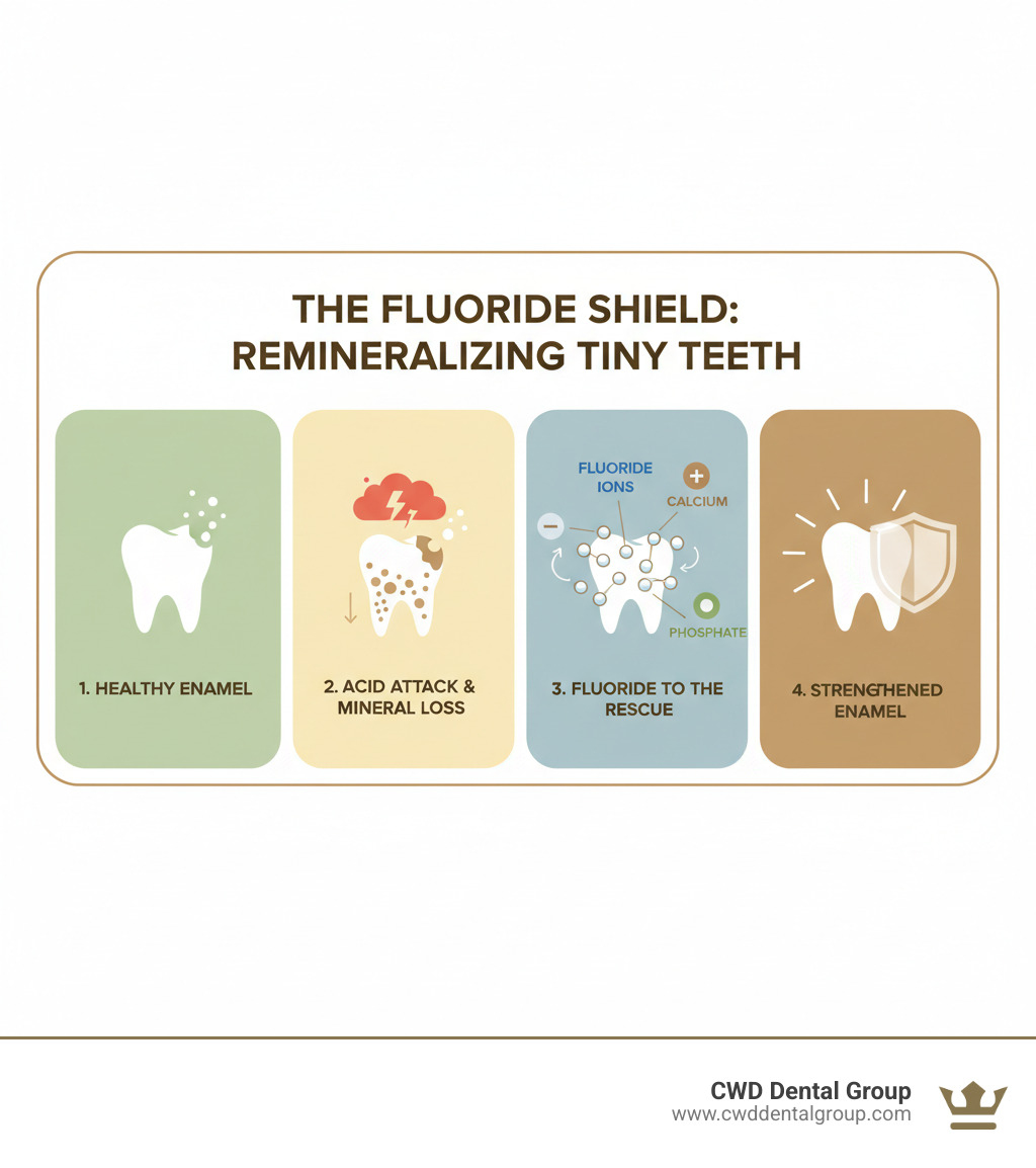 infographic showing the process of tooth remineralization with fluoride: healthy tooth enamel, acid attack causing mineral loss (demineralization), fluoride helping restore minerals (remineralization), and strengthened enamel more resistant to future acid attacks, with labels showing fluoride ions, calcium, and phosphate working together - children's fluoride treatment infographic 