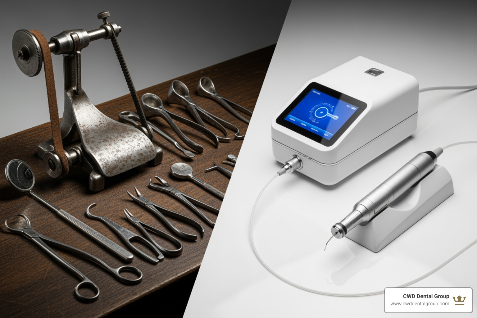 comparing antique dental tools to a modern, sleek dental laser - cosmetic & advanced dentistry comparing antique dental tools to a modern, sleek dental laser - cosmetic & advanced dentistry