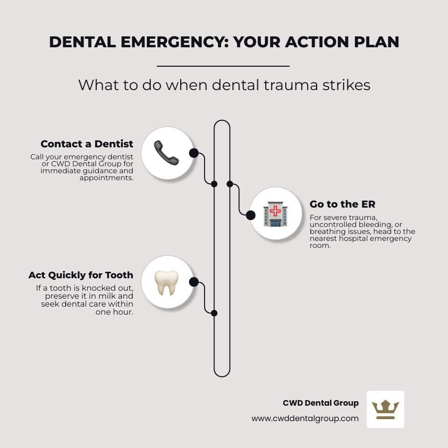 Infographic showing a dental emergency decision tree with branches for different scenarios: severe pain leading to call emergency dentist, knocked-out tooth leading to preserve in milk and seek care within 1 hour, uncontrolled bleeding leading to apply pressure and call dentist, trauma affecting breathing leading to go to ER, and minor issues leading to schedule regular appointment - emergency dentists tallahassee fl infographic infographic-line-3-steps-elegant_beige