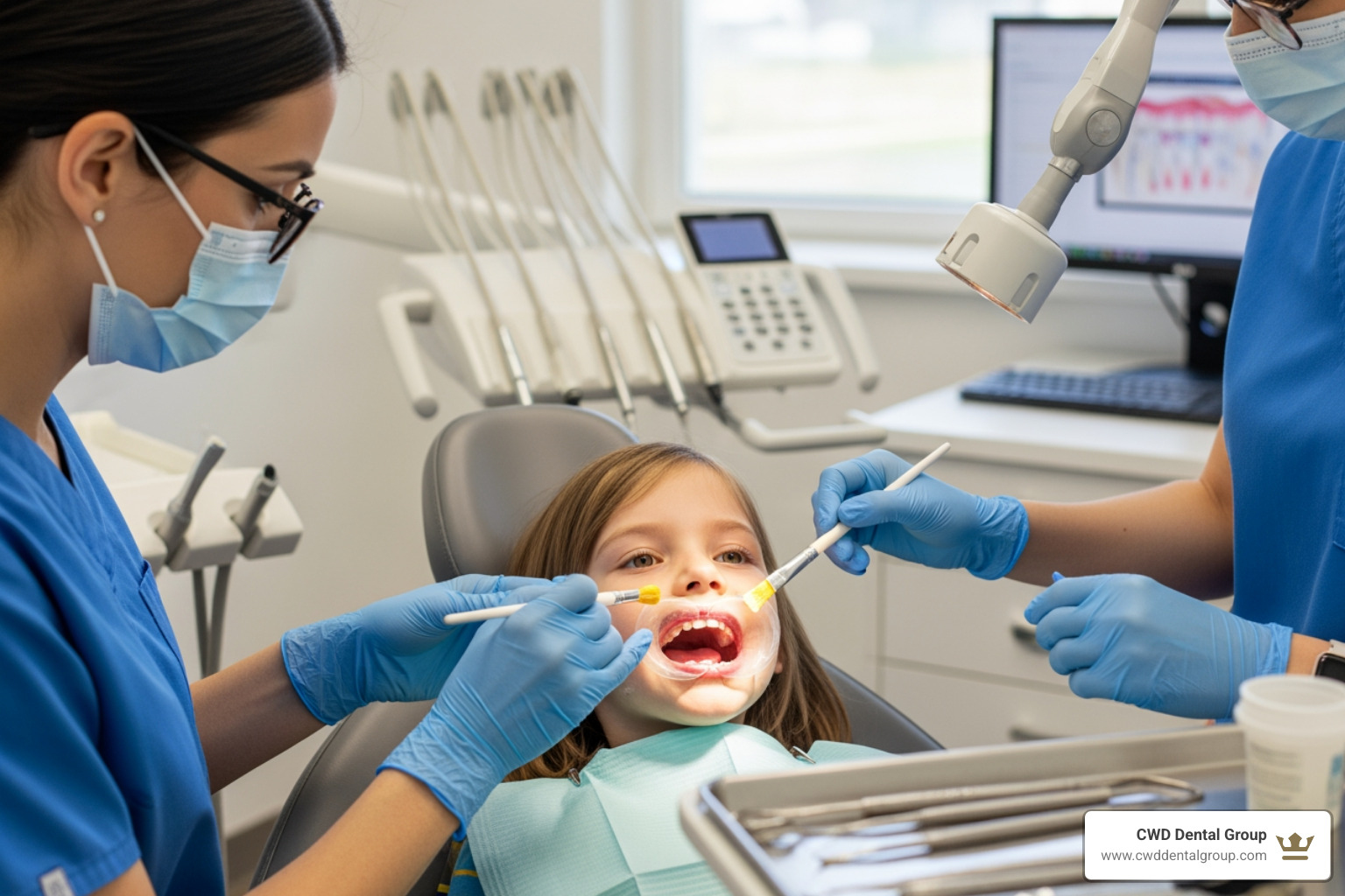 dentist applying fluoride varnish to a child's teeth - children's fluoride treatment