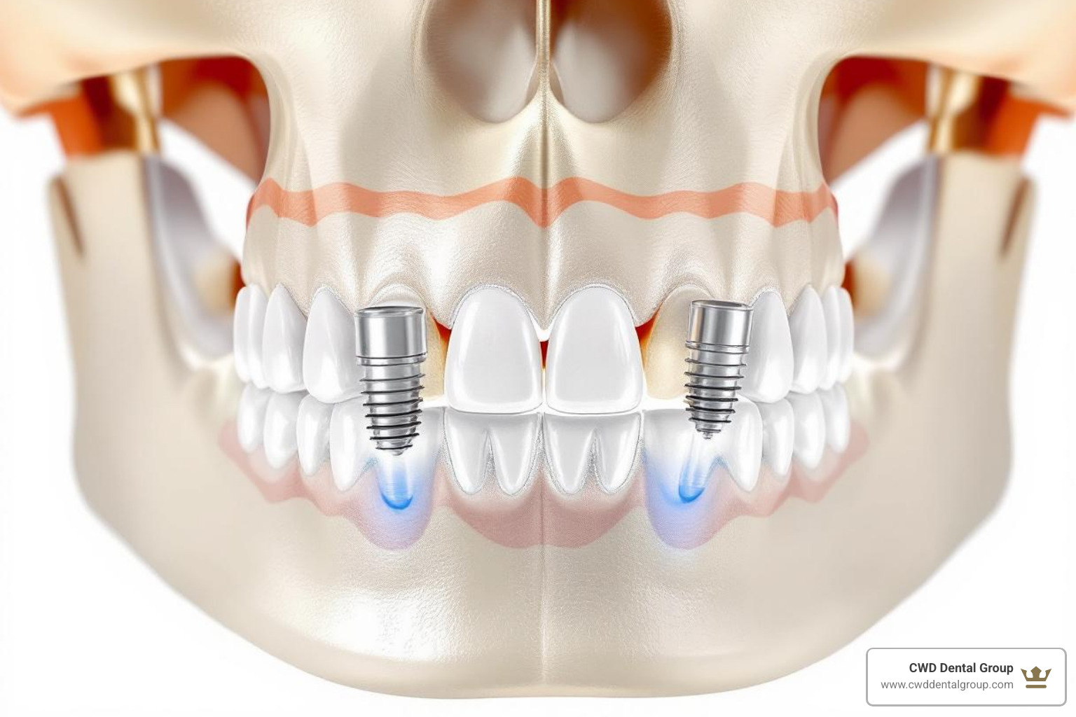 3D dental scan showing optimal placement of four dental implants in the jawbone, highlighting the angulation of posterior implants. - All on 4 Tallahassee 3D dental scan showing optimal placement of four dental implants in the jawbone, highlighting the angulation of posterior implants. - All on 4 Tallahassee