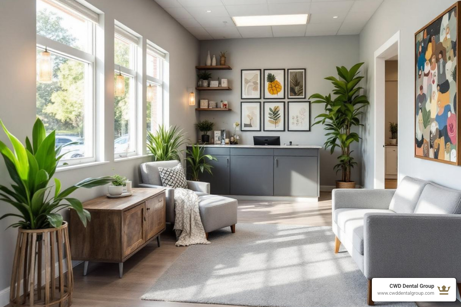 A welcoming dental office reception area with natural light and comfortable seating - emergency dentist tallahassee florida