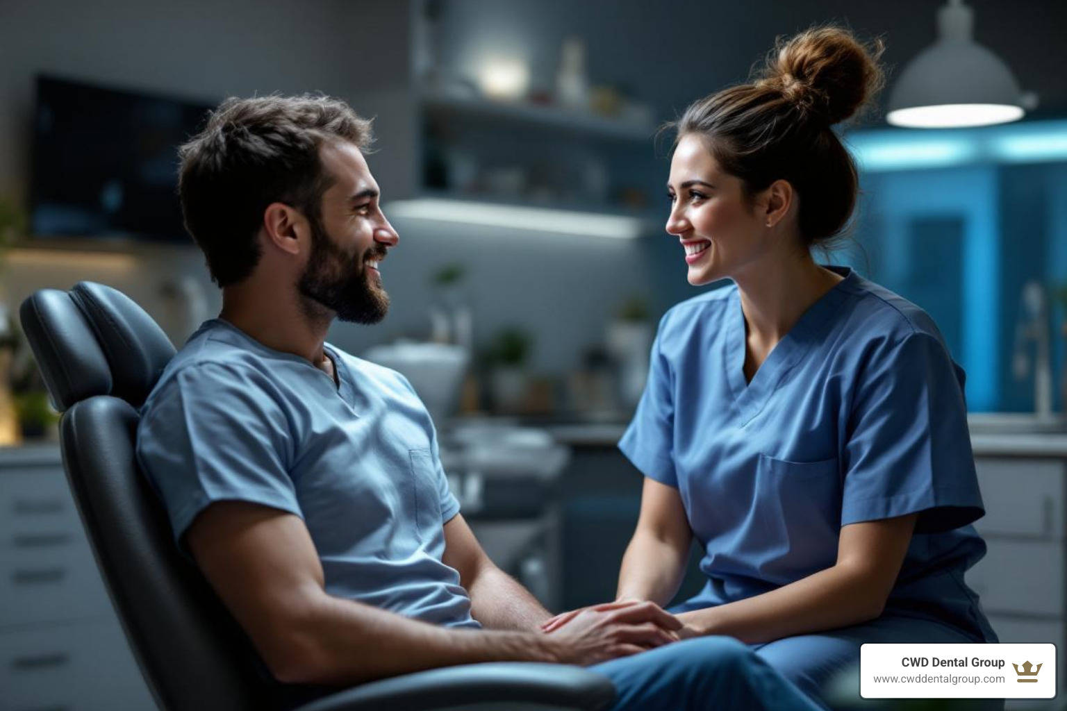 A friendly dentist calmly talking to a patient in a modern dental office setting - emergency dentist tallahassee florida