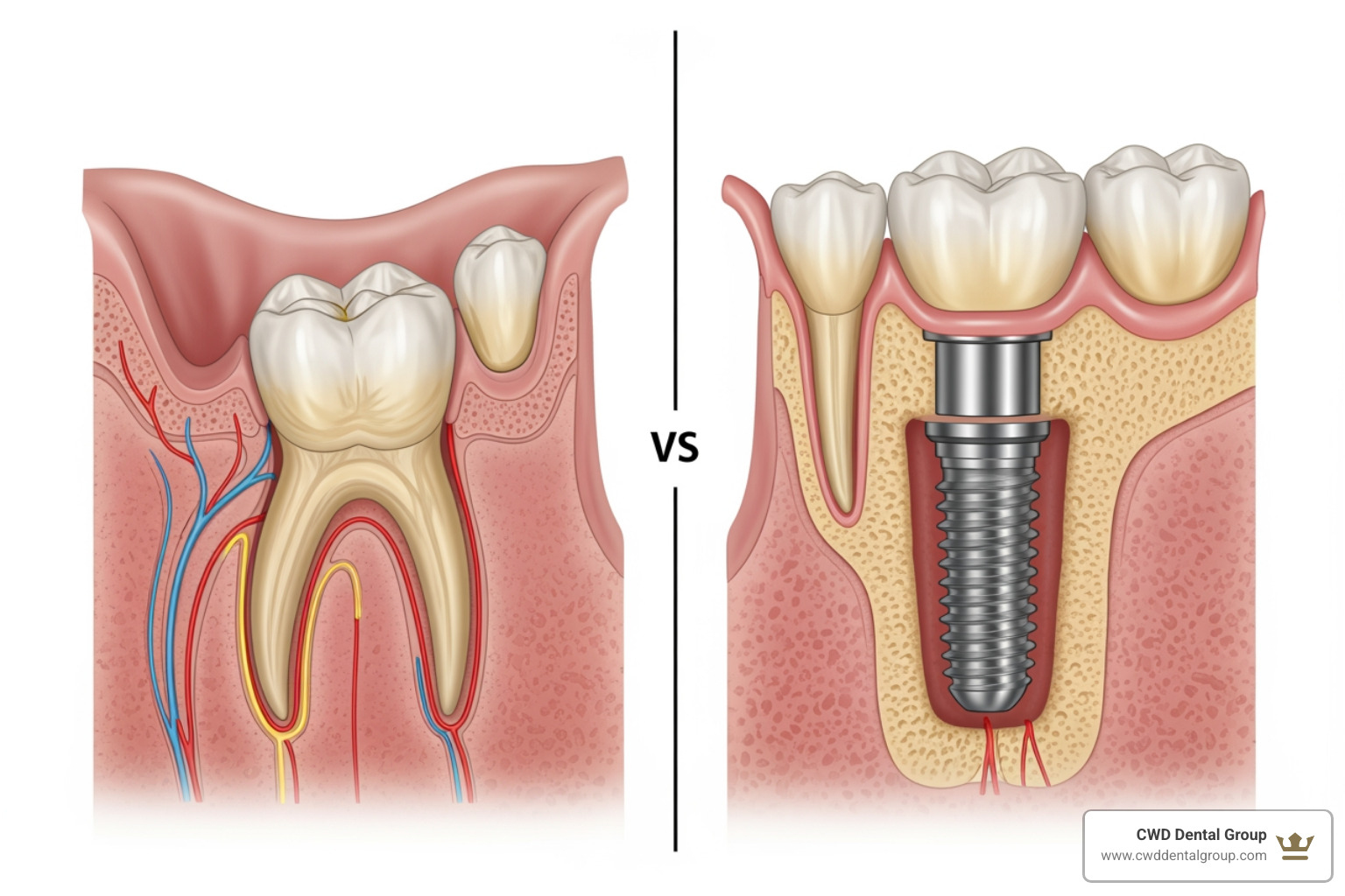 illustration of jawbone preservation with a dental implant compared to bone loss with missing teeth - Implant dentist Tallahassee