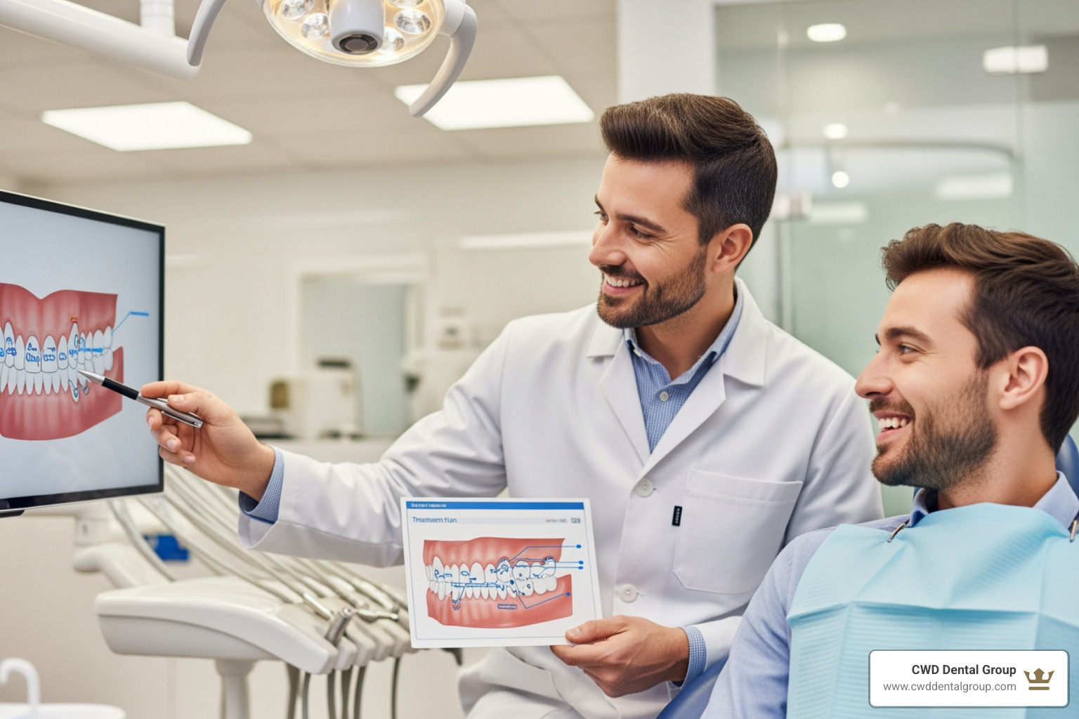 A friendly dentist in a white coat explaining a dental treatment plan to a smiling patient, pointing to a diagram of teeth - Dental implant cost Tallahassee