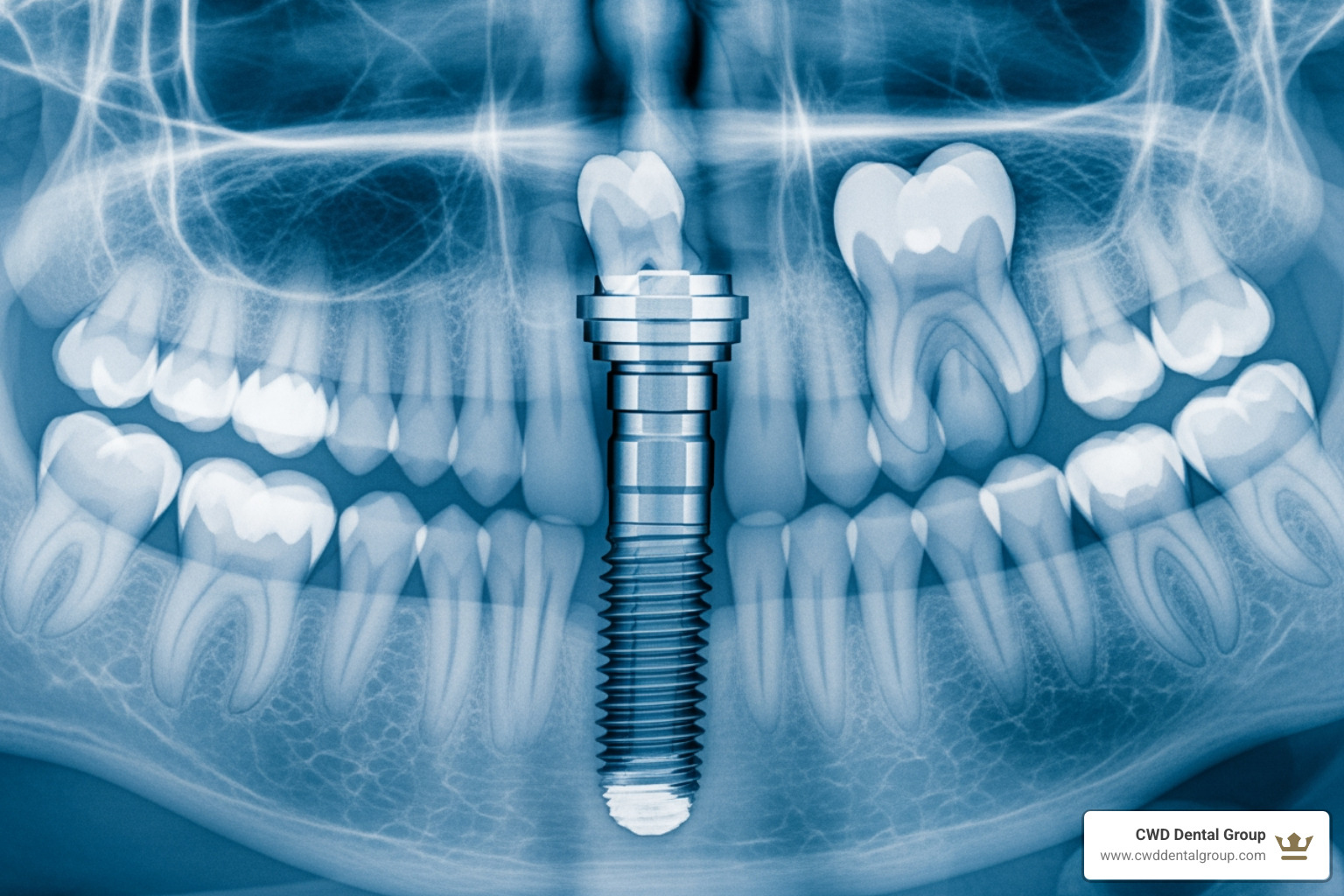 A detailed X-ray image showing a precisely placed dental implant integrated into the jawbone, with an abutment and crown attached - Dental implant cost Tallahassee