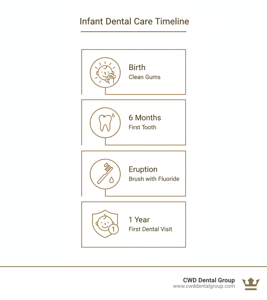 infographic showing infant dental care timeline from birth through first dental visit, including milestones like cleaning gums from birth, first tooth eruption at 6 months, brushing with fluoride toothpaste, and first dental visit by age 1 - dental care for infants infographic infographic showing infant dental care timeline from birth through first dental visit, including milestones like cleaning gums from birth, first tooth eruption at 6 months, brushing with fluoride toothpaste, and first dental visit by age 1 - dental care for infants infographic
