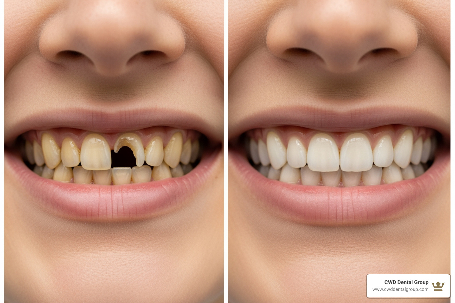 Before and after examples showing teeth with gaps, stains, and chips - snap on veneer teeth