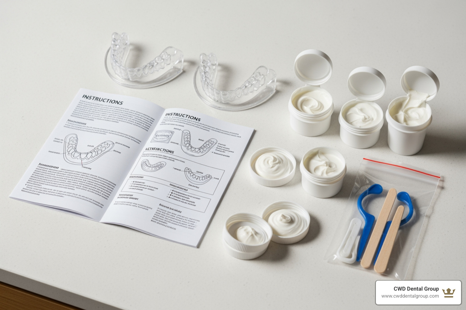 contents of an at-home impression kit - snap on veneer teeth
