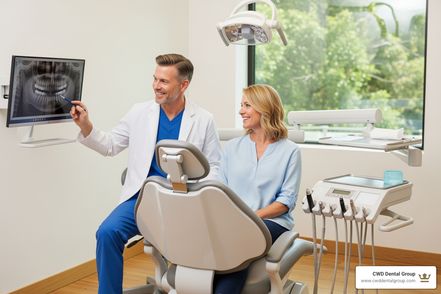dentist and patient happily consulting - cosmetic and advanced dentistry