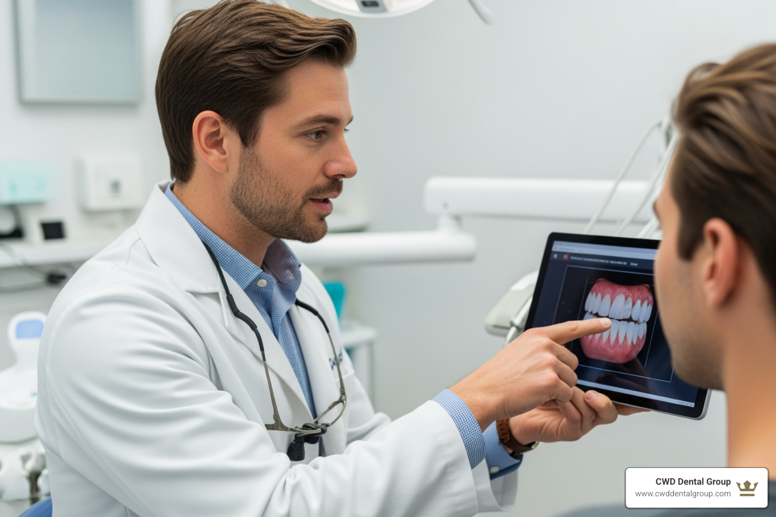 a dentist explaining a treatment plan to a patient on a screen - advanced cosmetic & family dentistry a dentist explaining a treatment plan to a patient on a screen - advanced cosmetic & family dentistry
