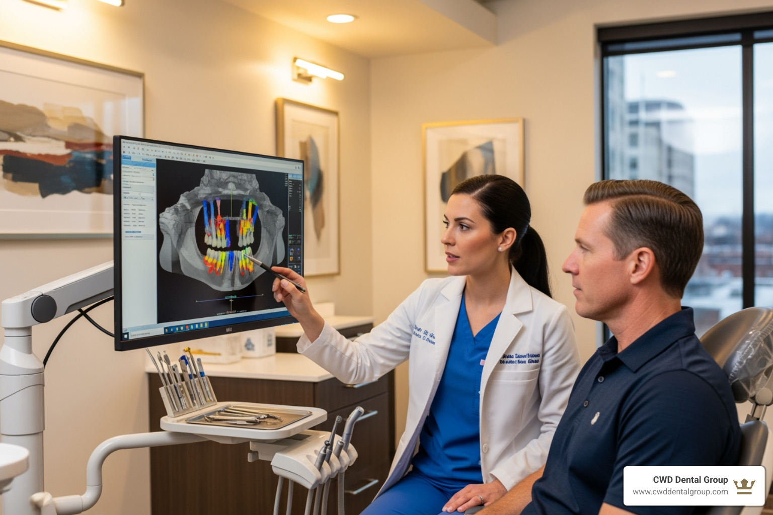 Dentist explaining a 3D CBCT scan to a patient - Dental implant cost Dentist explaining a 3D CBCT scan to a patient - Dental implant cost