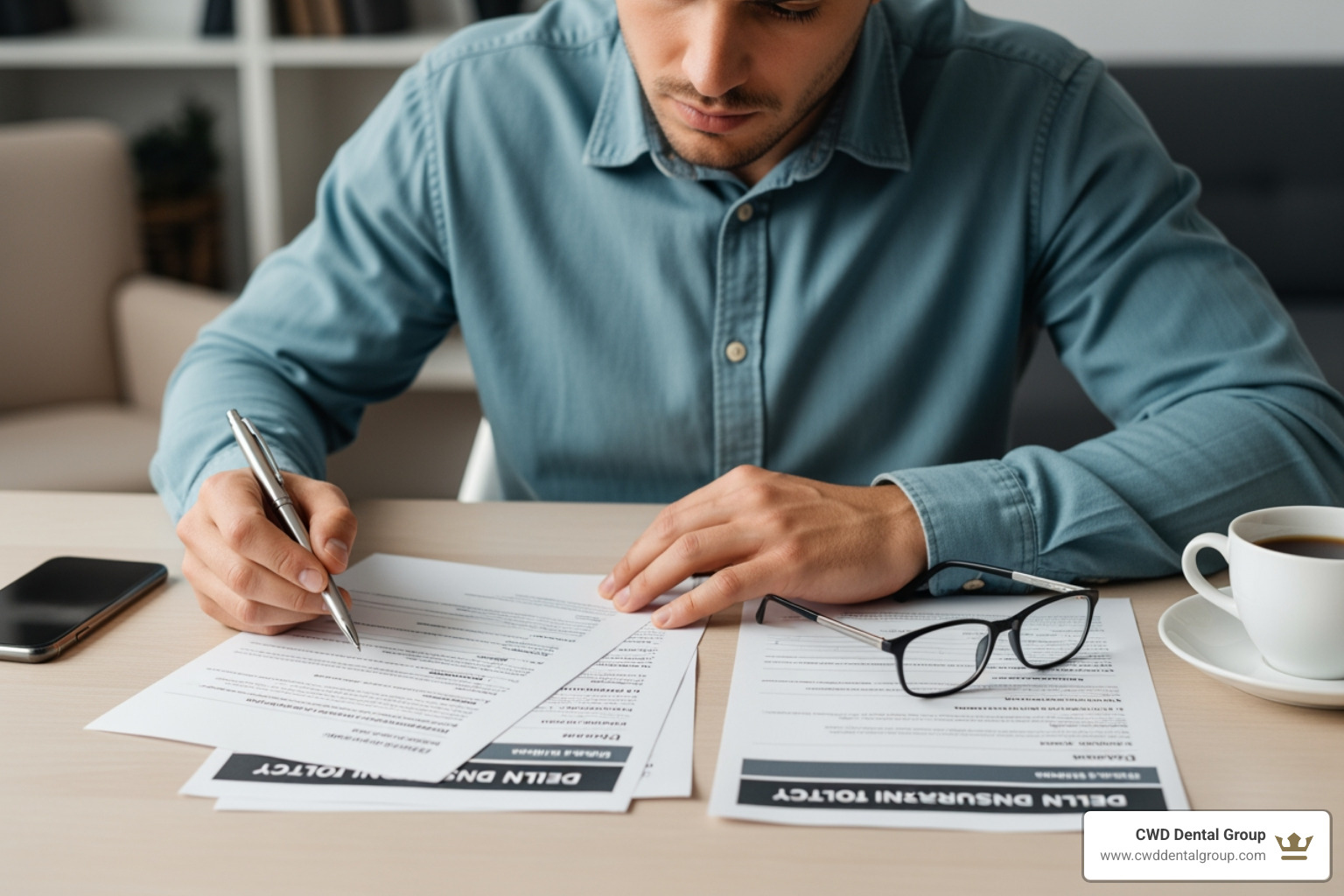 Person reviewing their dental insurance policy documents - Dental implant cost Person reviewing their dental insurance policy documents - Dental implant cost