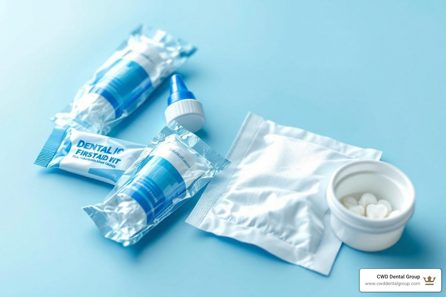 A dental first-aid kit with gauze, pain relievers, and a small container for a knocked-out tooth - emergency dentist tallahassee florida