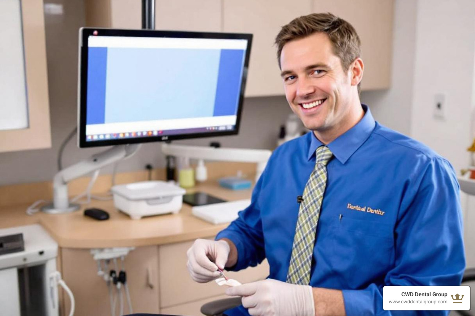 Illustration of a two-visit dental process: the first image shows a dentist taking impressions of a patient's teeth, and the second image shows the patient smiling confidently with their newly fitted snap-on veneers - snap on veneers dentist near me
