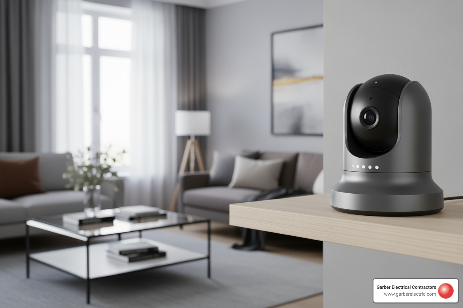 sleek indoor pan-and-tilt camera on a living room shelf - best ip camera for home