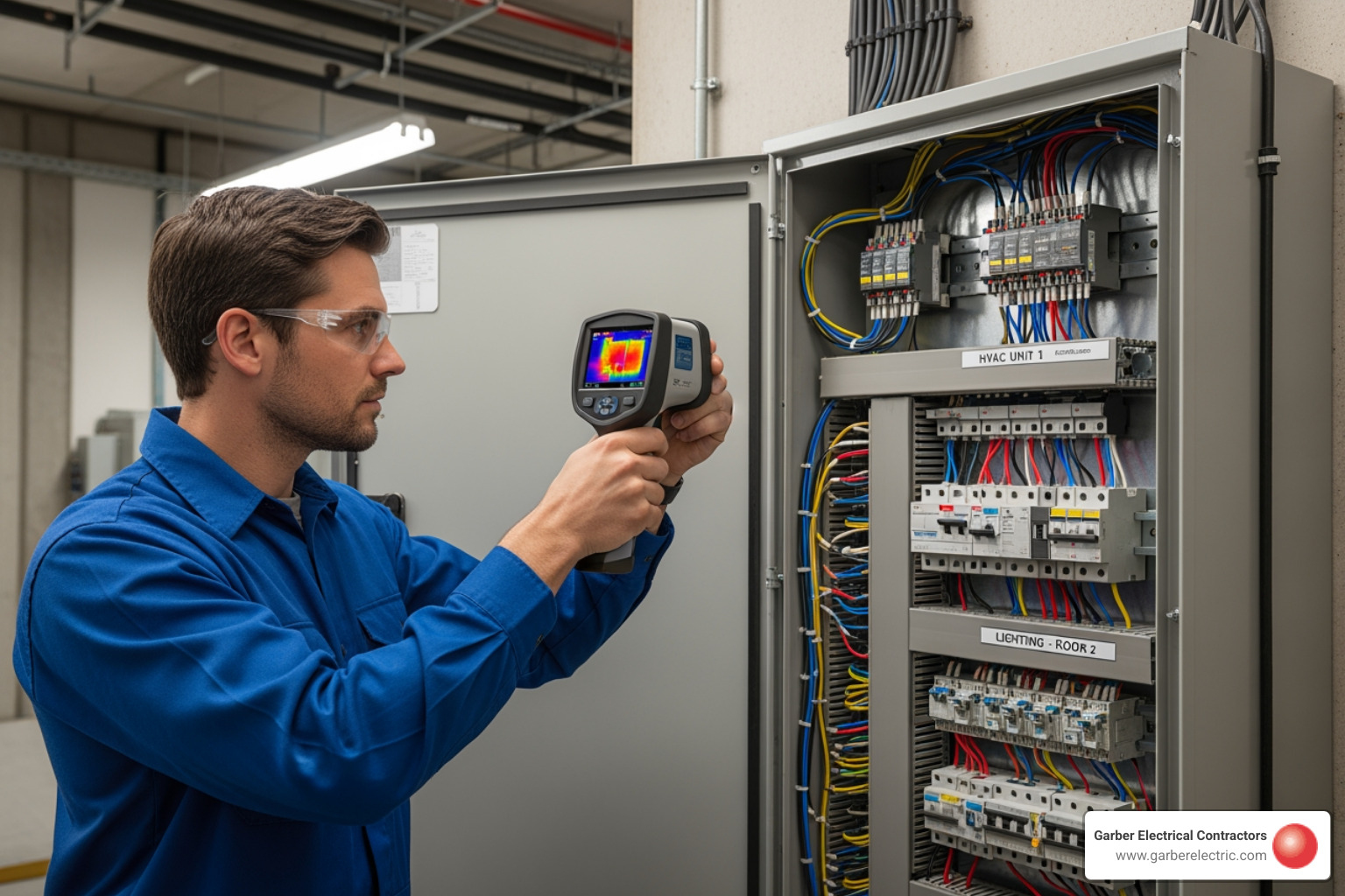 electrician using thermal camera on commercial electrical panel - electrical inspection commercial premises
