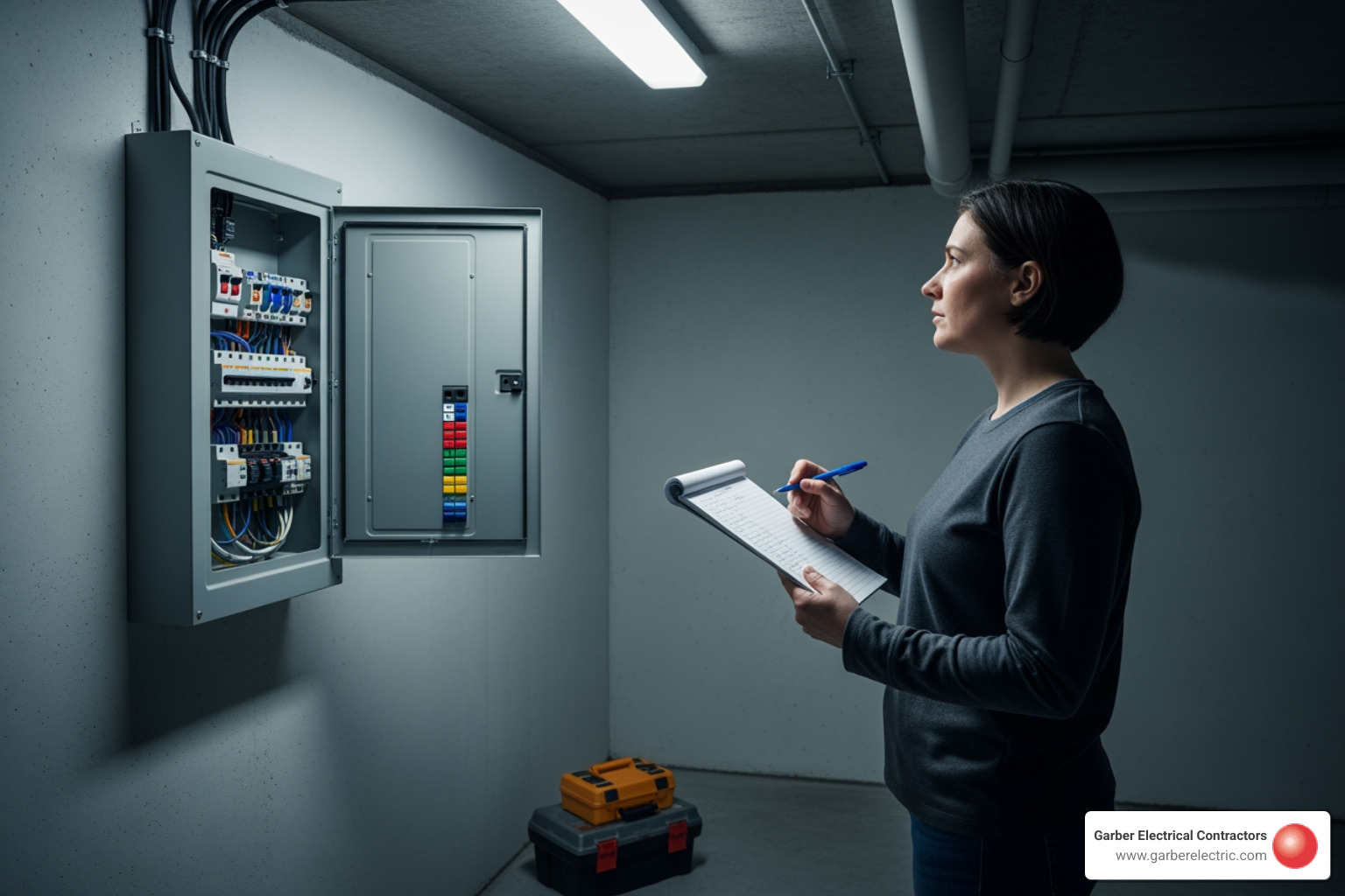 homeowner looking at their circuit breaker panel with a notepad - good generators for home use homeowner looking at their circuit breaker panel with a notepad - good generators for home use